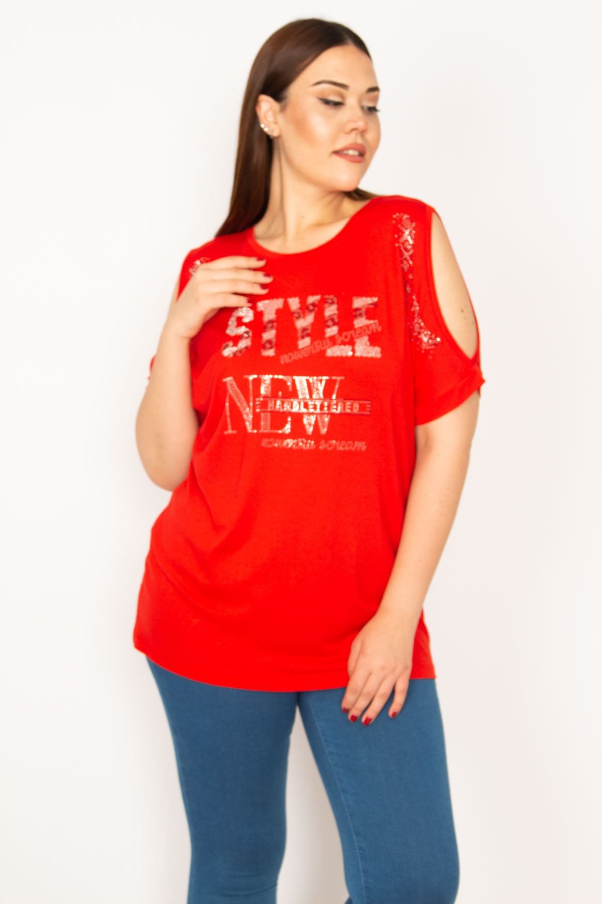 Şans-Women's Large Size Red Backless and Stone Detailed Off-the-Shoulder Blouse 65n33336 2