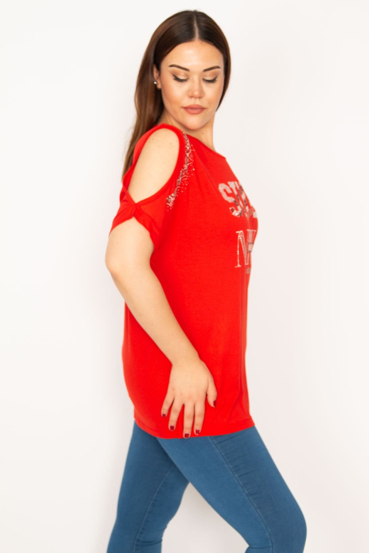Şans-Women's Large Size Red Backless and Stone Detailed Off-the-Shoulder Blouse 65n33336 3