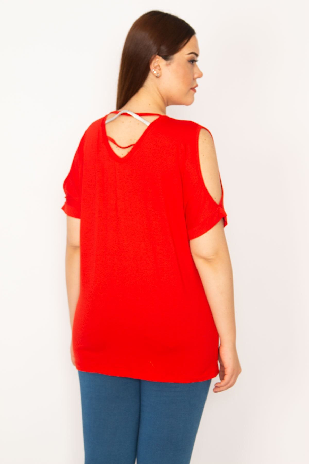 Şans-Women's Large Size Red Backless and Stone Detailed Off-the-Shoulder Blouse 65n33336 4