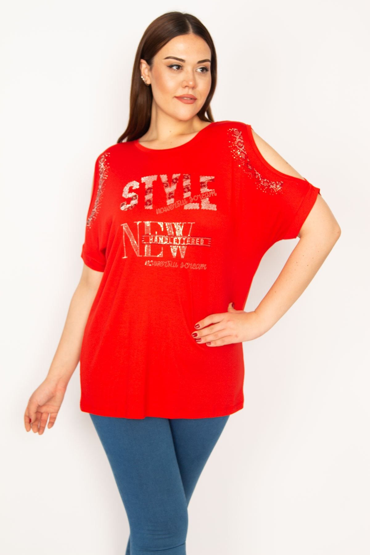 Şans-Women's Large Size Red Backless and Stone Detailed Off-the-Shoulder Blouse 65n33336 5