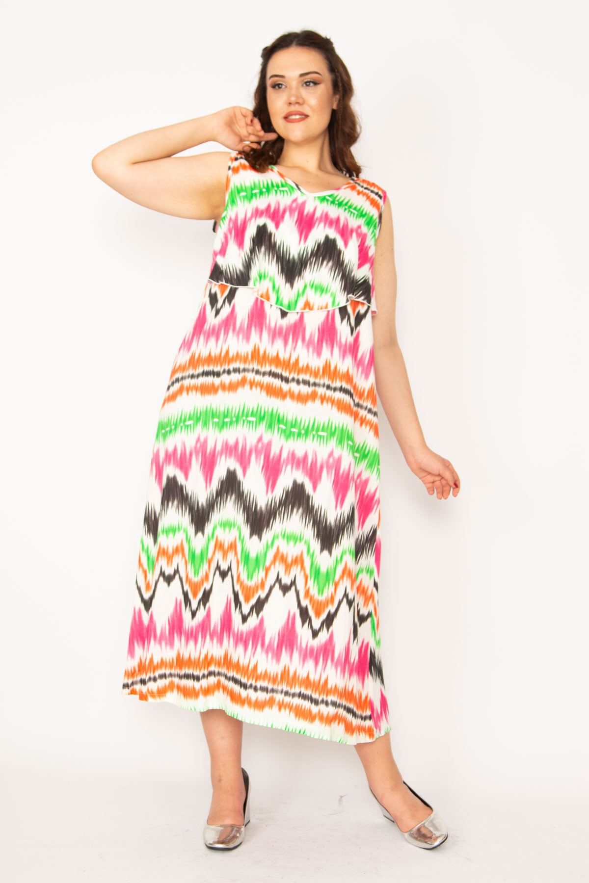 Şans-Women's Large Size Green Woven Viscose Fabric Chest Flounce Dress 65n33247 3