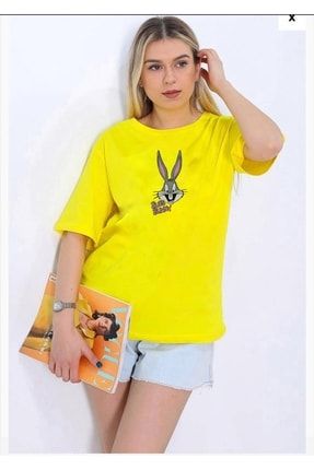 Unisex Oversize Bugs Bunny Baskılı Sarı Tshirt TYC00478057682