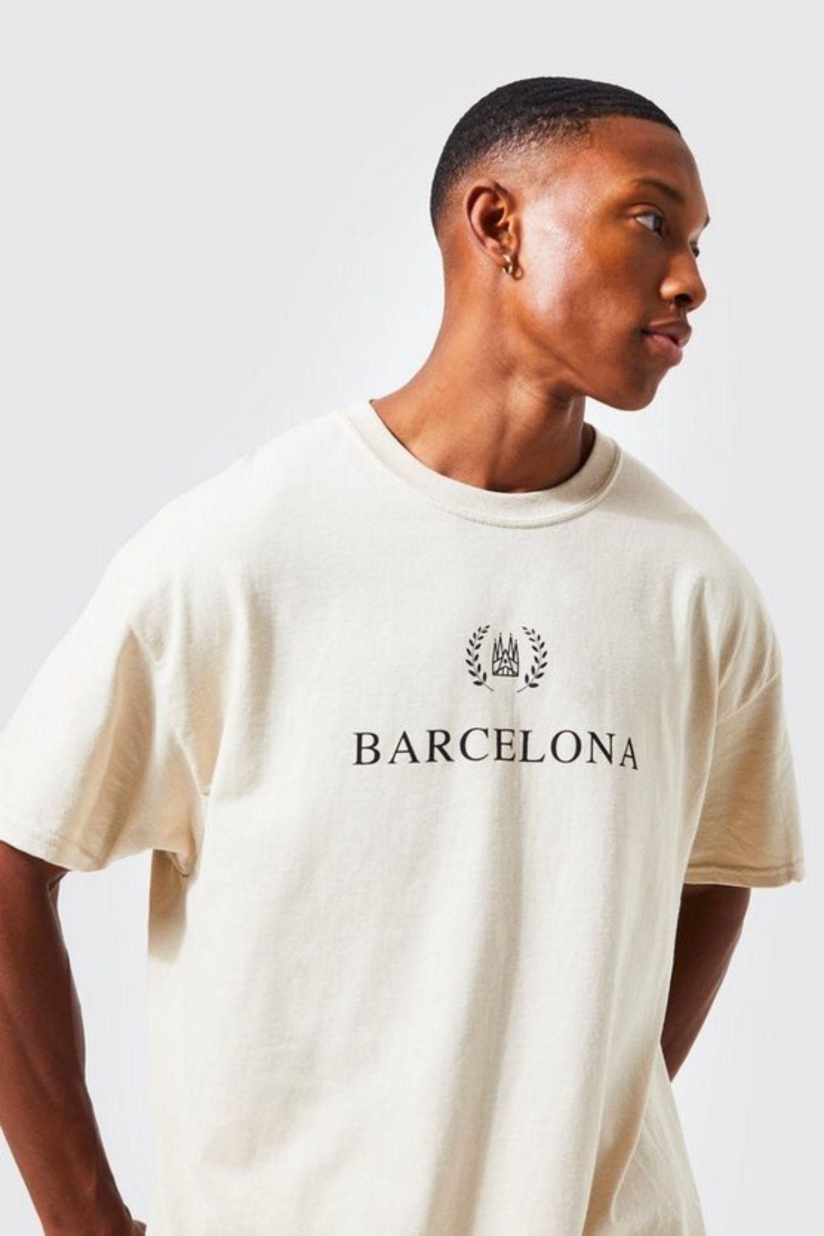 Black Sokak-Unisex Beige Barcelona Printed Oversize Tshirt 3