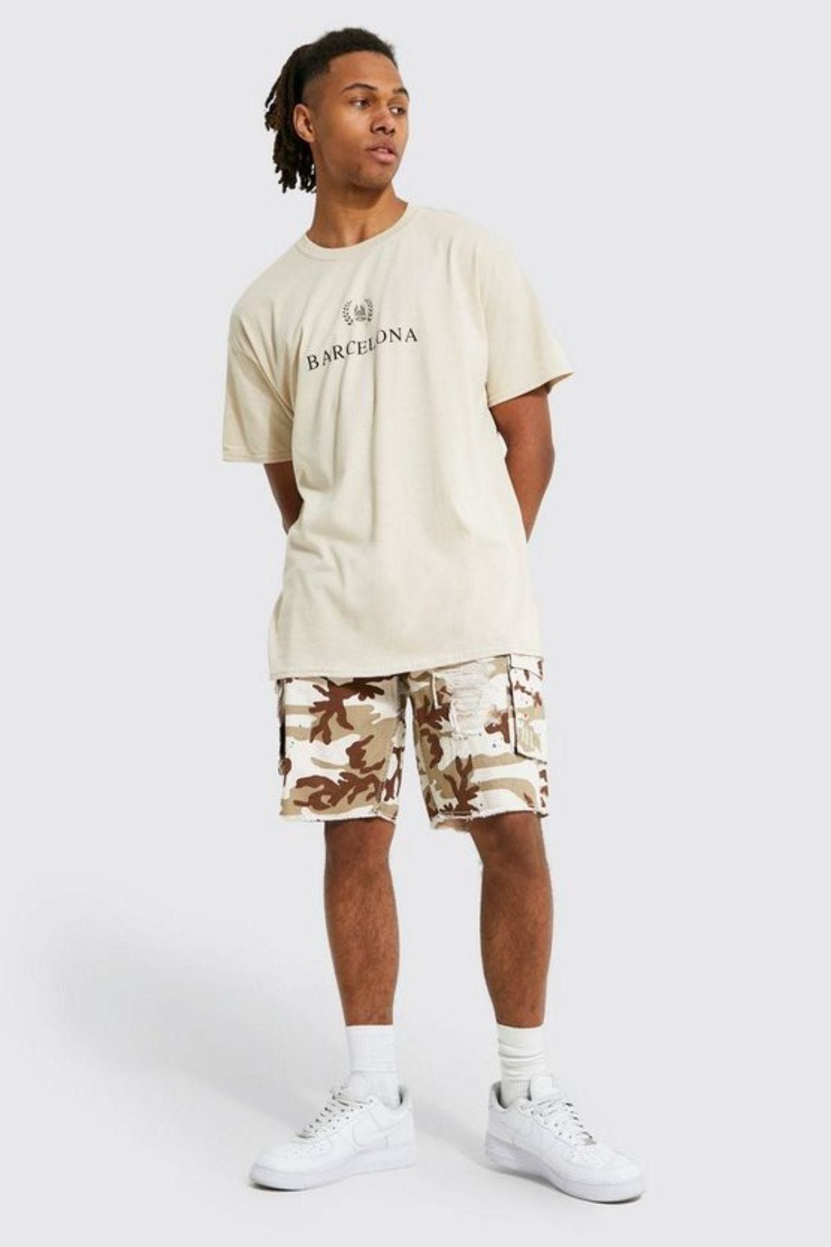 Black Sokak-Unisex Beige Barcelona Printed Oversize Tshirt 4