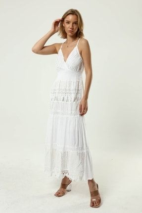 Elbise Uzun Sütyen Aski Anvelop Yaka Fisto Dantel Gipürlü - Beyaz 22138009952