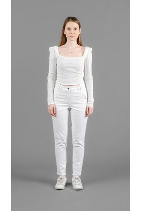 Neon Nakışlı Beyaz Ara Bel Pantolon P36