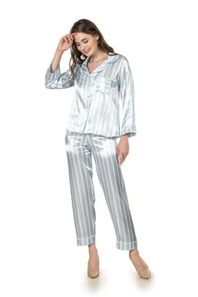 Mavi Çizgili Saten Pijama Takım TYC00476210735