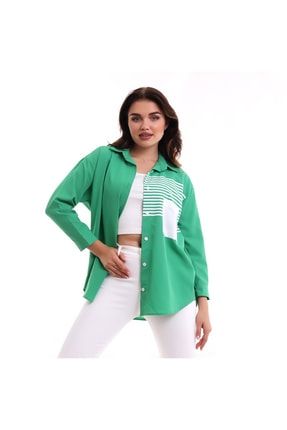 Kadın Yeşil Cep Detaylı Oversize Gömlek Yzd03092014