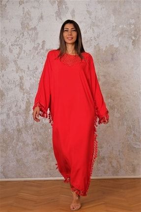 Kadın Kırmızı Kafes Yaka Yanları Püsküllü Oversize Uzun Elbise EUWKYP2864
