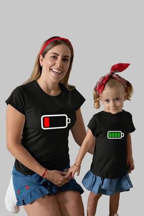 Full Ve Düşük Batarya Baskılı Anne Kız Kombin Siyah Pamuklu Tişört ANNE-KIZ-006