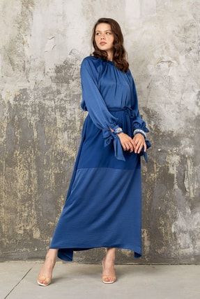 Indigo Kolu Taş Detaylı Elbise 32-9106-1 P-02166