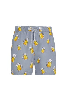 Erkek Gri Deniz Şortu:bira Bardağı Desenli 50-B057