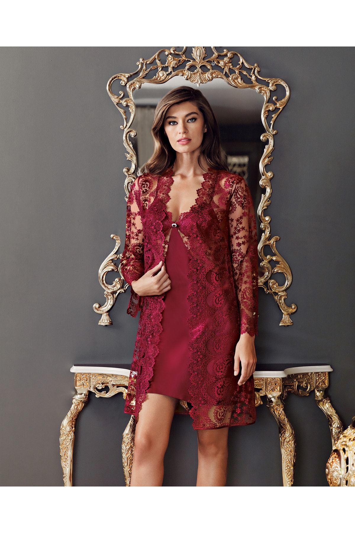 LOVELA Kadın 6 Parça Saten Güpürlü Gecelik Sabahlık