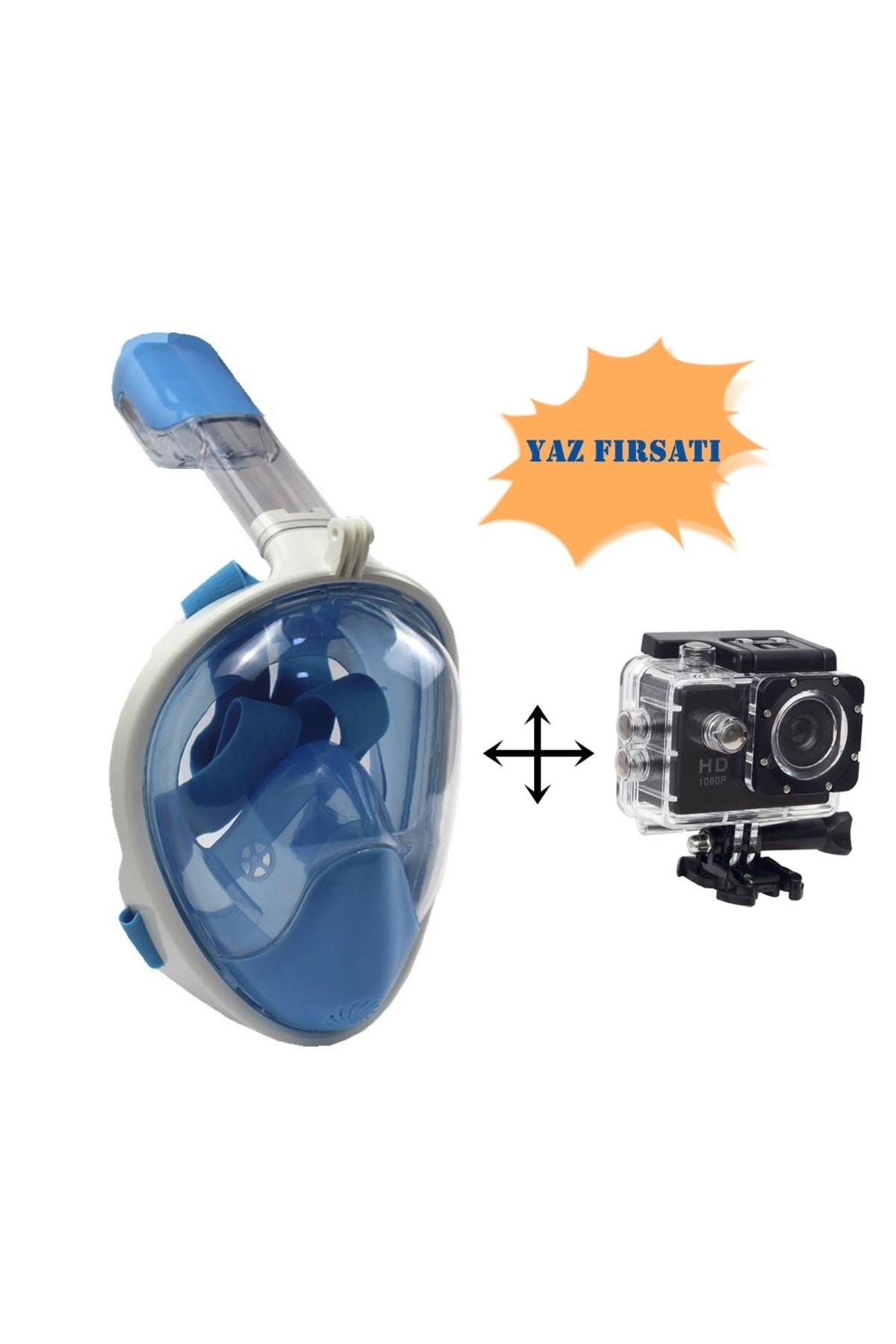 whitetech Şnorkel Full Face Mavi Dalış Maskesi 1080p Su Altı Aksiyon Kamerası Set