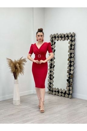 Scuba Kumaş Kemer Detaylı Kalem Elbise - Kırmızı GYM-0903