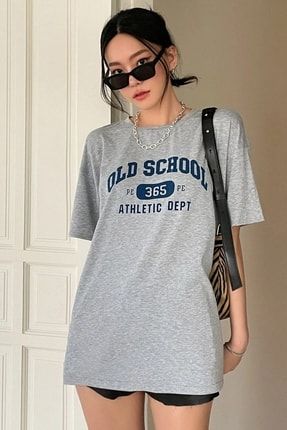 Kadın Old School Gri Oversize Baskılı T-shirt OLDSCHOOL-MDGN