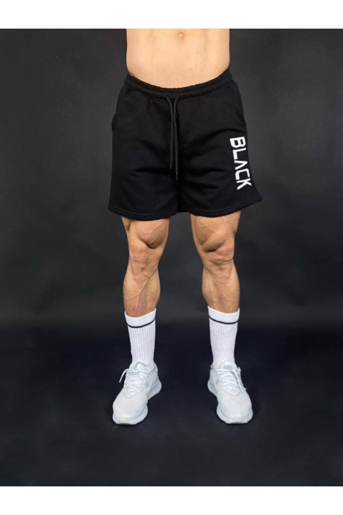 Genel Markalar Black Yazılı Baskılı Regular Fit Siyah Cepli Erkek Şort