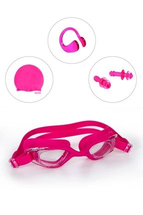 Yüzücü Gözlüğü + Silikon Bone + Burun Ve Kulak Tıkacı Full Yüzme Seti - Pembe YZM-ST-PMB