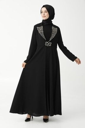 Yakası Taşlı Kemerli Siyah Elbise 01.FRC.7203