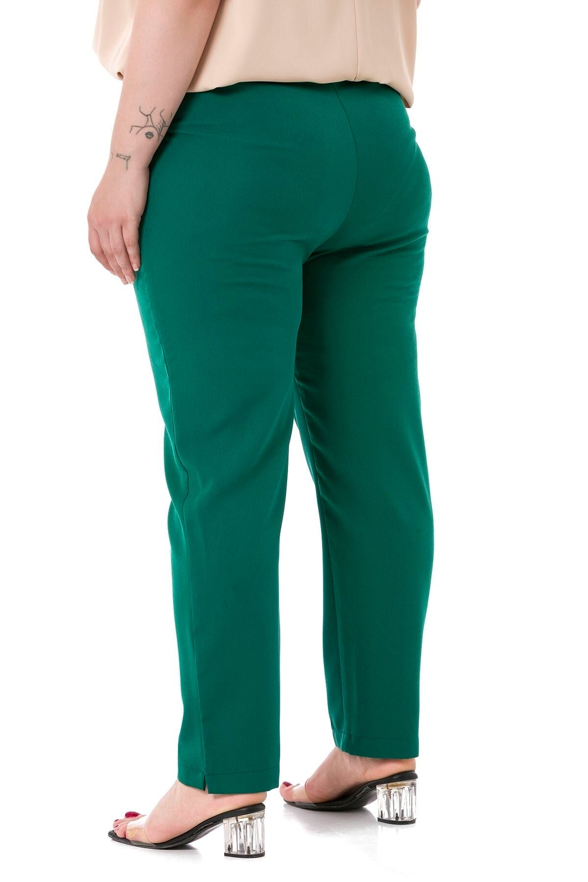 DISENTIS MODEST-Plus Size Emerald Green Trousers with Elastic Waist and Side Zipper and Slits on the Leg 3