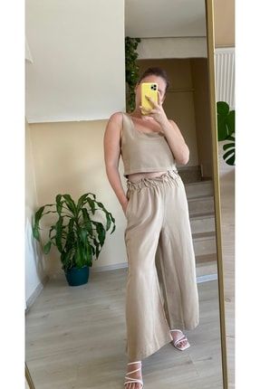 Kadın Keten Taş Rengi Kare Yaka Bluz Lastik Bel Geniş Paça Pantolon Takım 2109