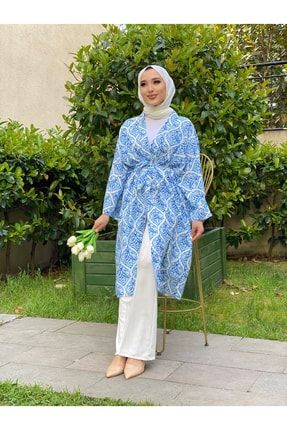 Tesettür Mavi Desenli Kimono