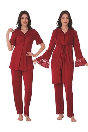 Kadın Fuşya Dantelli Kısa Kollu Pamuklu Hamile Lohusa Sabahlık Pijama Takımı Set 9014