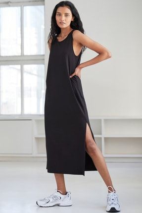 Kadın Siyah Yandan Yırtmaçlı Pamuk Askılı Uzun Elbise 5121 HELBSUTELBISE
