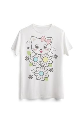 Unisex Erkek Kadın Cute Sevimli Cat Kedi Floral Baskılı Tasarım Beyaz Tişört Tshirt T-shirt LAC00734