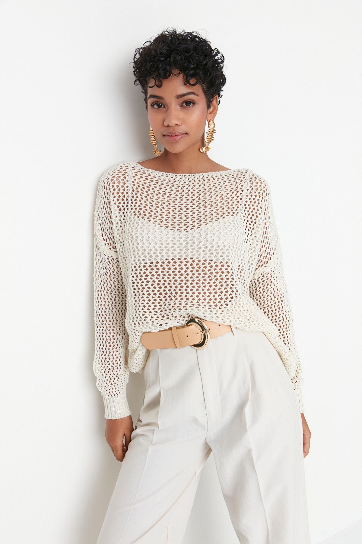 Trendyol Collection-Pulover din tricotaje ajurata/gauri din bumbac, ecru, cu ajustare extra larga TWOAW20FV0184 2