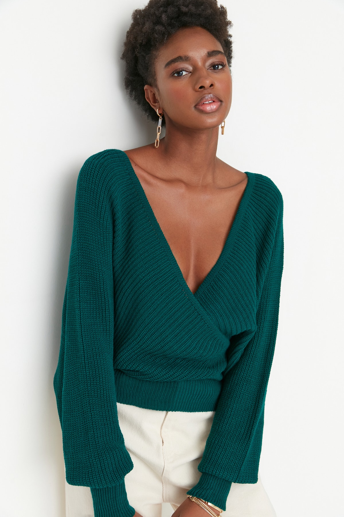 Trendyol Collection Smaragdzöld duplasoros kötöttáru pulóver TWOAW21KZ1277