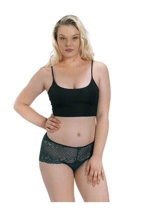 Kadın Tenan Yeşili Dantelli Tül Detaylı Büyük Beden Bikini Külot CTNHLL4479