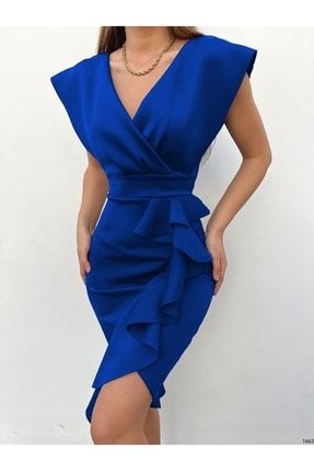 Saks Mavi Yırtmaç Ve Volan Detay Abiye Elbise 002038