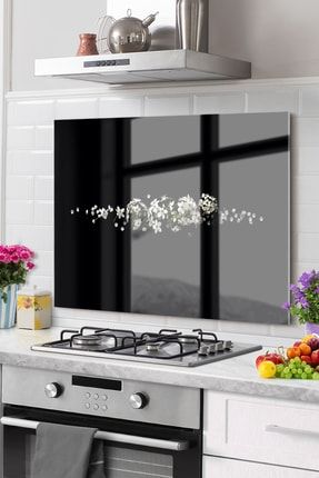 Premium Mutfak Cam Ocak Arkası Koruyucu Tezgah Ankastre Arkası Koruyucu 52x60cm | Çiçek Siyah TYC00479403221