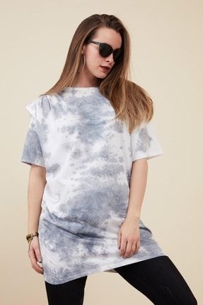 Kadın Yarım Kollu Vatkalı Batik Oversize Tişört Elbise ZA0100004