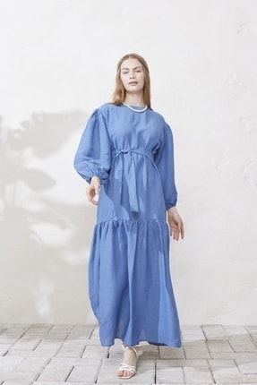 Soft Gece Mavisi Yüksek Fırfırlı Balon Kol Robalı Keten Elbise 123SICAKYAZYKSKFIRFIRBLNKLELB
