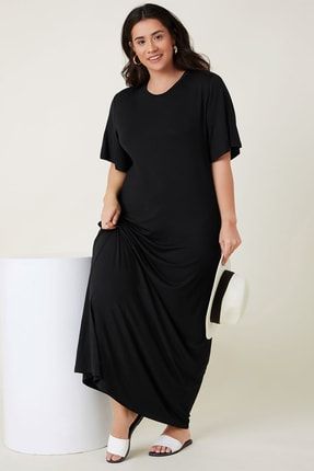 Kadın Büyük Beden Siyah Oversize Kısa Kol Uzun Elbise 5131 301 HTSBBKBBKT