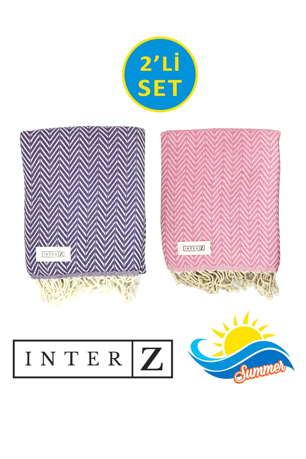 INTER Z-Σετ 2 πετσέτες θαλάσσης Xxl Peshtemal - 100% βαμβάκι, Marmaris, μωβ ροζ 1