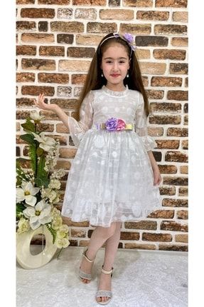 Kız Çocuk Doğum Günü Abiye Tokalı Tüllü Elbise Beyaz TB2500