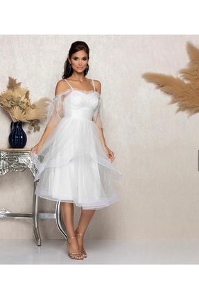 Askılı Büzgülü Elbise 38843 Beyaz