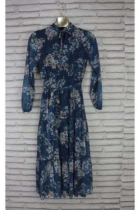 Kız Çocuk Mavi Desenli Uzun Kollu Uzun Şifon Elbise DYG-02579