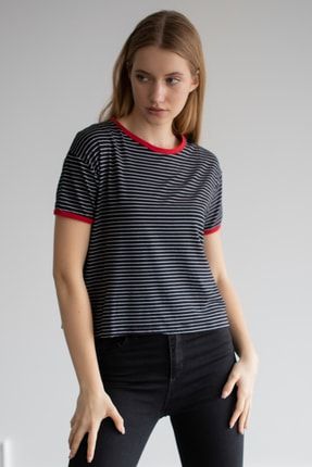 Renkli Çizgili T-shirt - Kırmızı/siyah 729-22Y033
