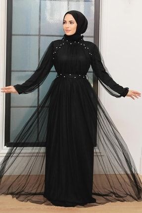 Tesettürlü Abiye Elbise - Inci Detaylı Siyah Tesettür Abiye Elbise 22041s PPL-22041