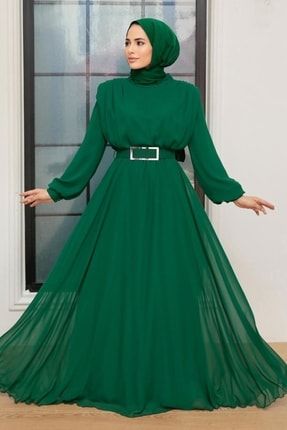 Tesettürlü Abiye Elbise - Tokalı Kemerli Yeşil Tesettür Saten Abiye Elbise 36050y OZD-36050