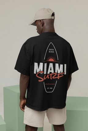 Miami Surf Sırt Baskılı Bisiklet Yaka Siyah T-shirt MMİSRF20SRT119