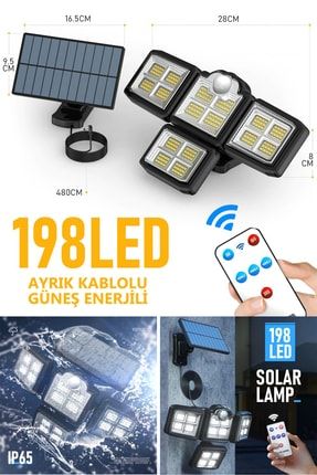 Solar Güneş Enerjili 198 Ledli Kumandalı Hareket Sensörlü Bahçe Aydınlatma Sokak Lambası 0TJBHAS198