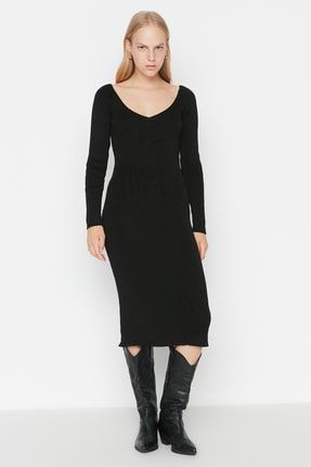 Siyah Sırt Detaylı Triko Elbise TWOAW22EL0556
