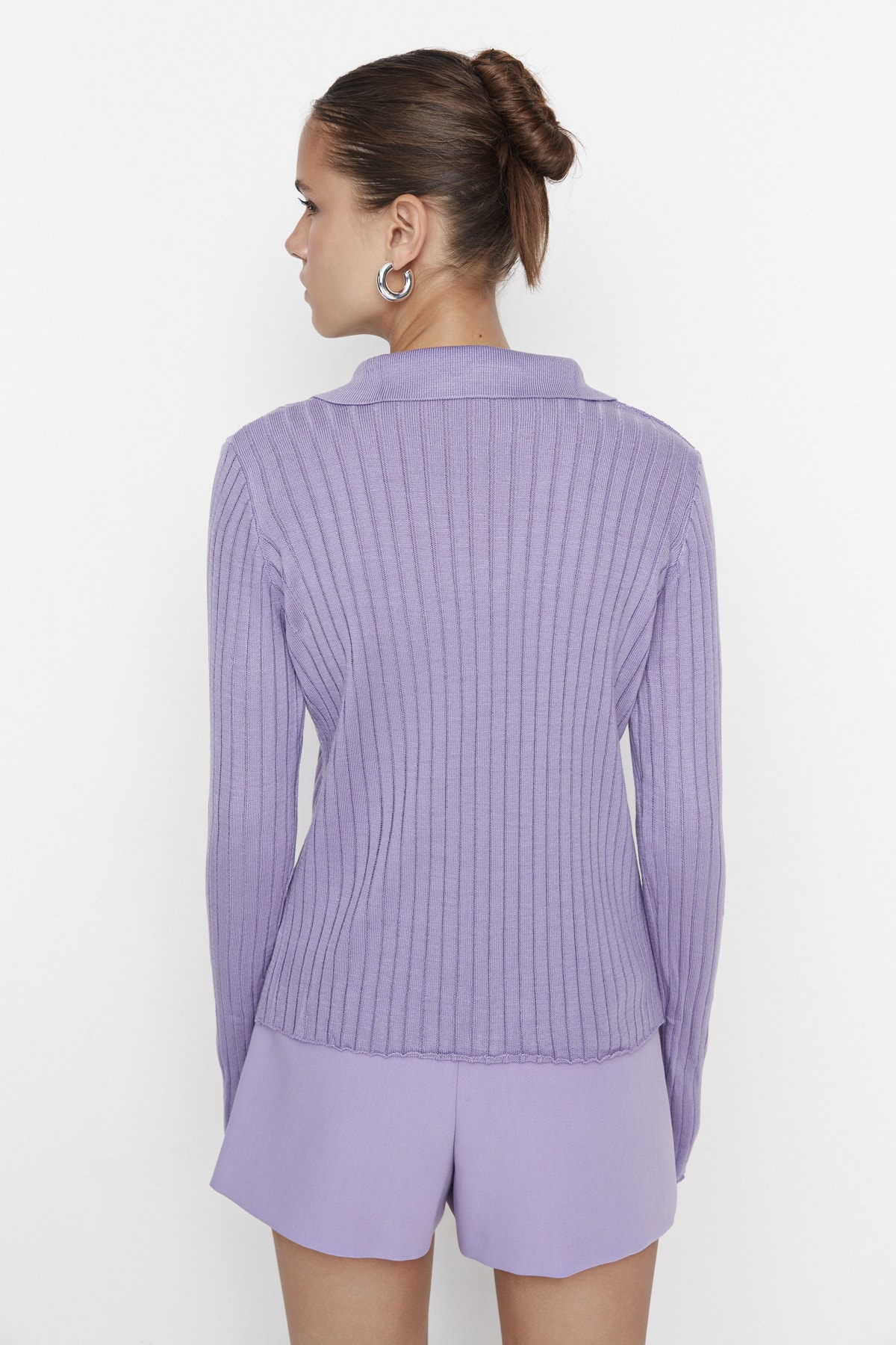 Trendyolmilla  Lila Kol Ucu Detaylı Polo Yaka Triko Kazak TWOAW21KZ1113 - Görsel 5