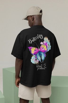 Butterfly Ön Ve Arka Baskılı Bisiklet Yaka Siyah T-shirt BLLFLY53SRT151