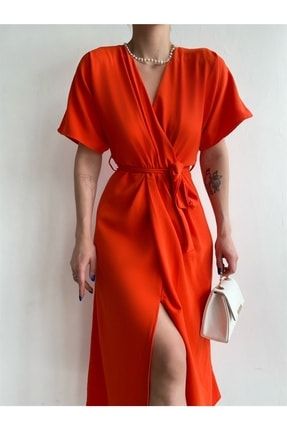 Kruvaze Kuşaklı Elbise Oranj ANG-Mia-7133